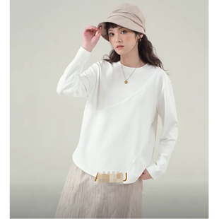 北dao 棉T恤女2025春秋新设计感宽松显瘦上衣 圆领不规则线条长袖