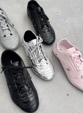 复古铆钉德训鞋女平底休闲运动鞋真皮系带阿甘鞋