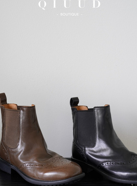 Q I U U小众设计感复古英伦风真皮短靴ins经典雕花粗跟切尔西靴