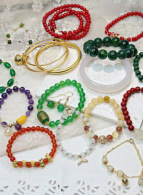 厚金电镀简约彩色石头手链手工串珠气质古风轻奢女小众手串