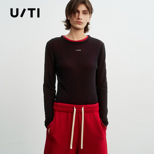 专柜新款U/TI尤缇2026春 棉感圆领套头T恤修身显瘦黑色打底上衣女