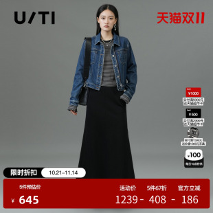 新款 百搭正肩棉感上衣尤缇2025春季 双拉链牛仔外套女装 TI截短式