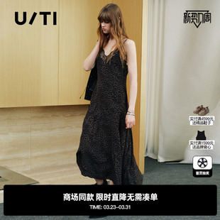 时尚 专柜新款 豹纹蕾丝拼接吊带连衣裙 TI尤缇2025秋季 V领长女裙