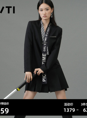 U/TI黑色学院风连衣裙女百搭简约通勤西装裙尤缇2025春季羊毛混纺