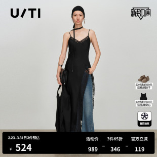 新款 TI黑色醋酸吊带连衣裙女蕾丝开叉收腰显瘦半裙尤缇2026春季