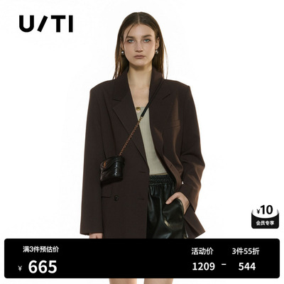 U/TI翻领咖色双排扣西装外套女简约通勤休闲上衣尤缇2025秋季新款