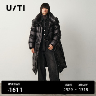 新款 90白鸭绒外套尤缇2025冬季 廓形长款 TI亮面防风领羽绒服女装