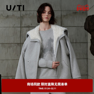 专柜新款U/TI尤缇2025冬季美式斜襟毛绒拼接卫衣设计感重工外套女