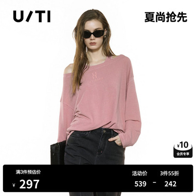 U/TI假两件垂感长袖T恤女 宽松廓形露肩休闲上衣尤缇2025秋季新款