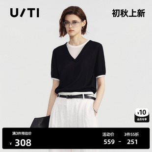 U/TI黑白棉感假两件短袖针织衫女圆领薄直筒休闲尤缇2026夏季新款