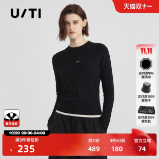 U/TI黑色羊毛混纺拼接长袖针织衫女修身毛衣内搭尤缇2026冬季新款