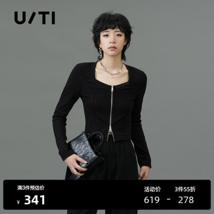 新款 百搭双拉链上衣尤缇2025春季 TI黑色方领垫肩高腰短款 T恤女
