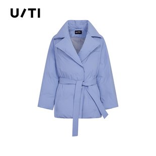 专柜新款U/TI尤缇2025冬季浅蓝色系带白鸭绒羽绒服设计感外套女装