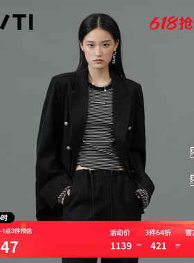 U/TI黑色设计感拼接西装女百搭简约垂感通勤外套尤缇2025春季新款