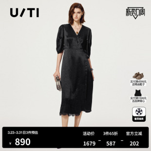 TI气质小黑裙女 新款 醋酸V领羊角袖 连衣裙尤缇2025夏季 黑色短袖