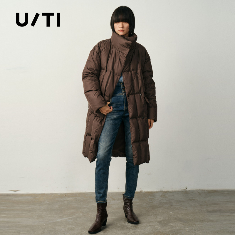 U/TI廓形收腰长款羽绒服女简约云感90白鸭绒外套尤缇2025冬季新款