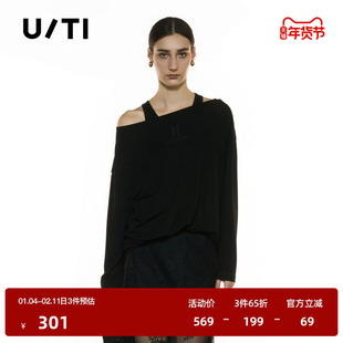 U/TI假两件垂感长袖T恤女 宽松廓形露肩休闲上衣尤缇2025秋季新款