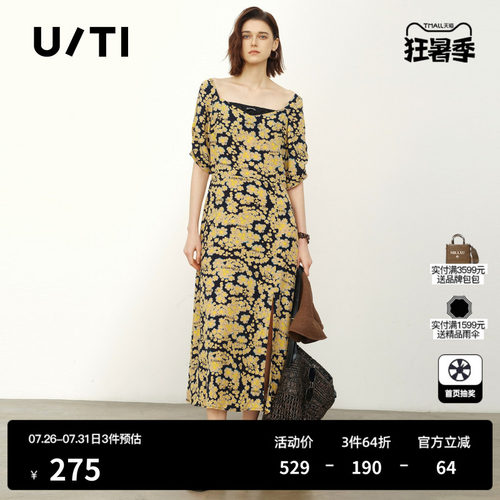 U/TI碎花度假风拼接连衣裙女 大U领泡泡袖休闲裙尤缇时尚夏季新款