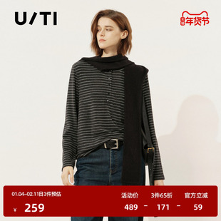 U/TI亨利领条纹长袖绵羊毛T恤女装 正肩廓形上衣尤缇2025冬季新款