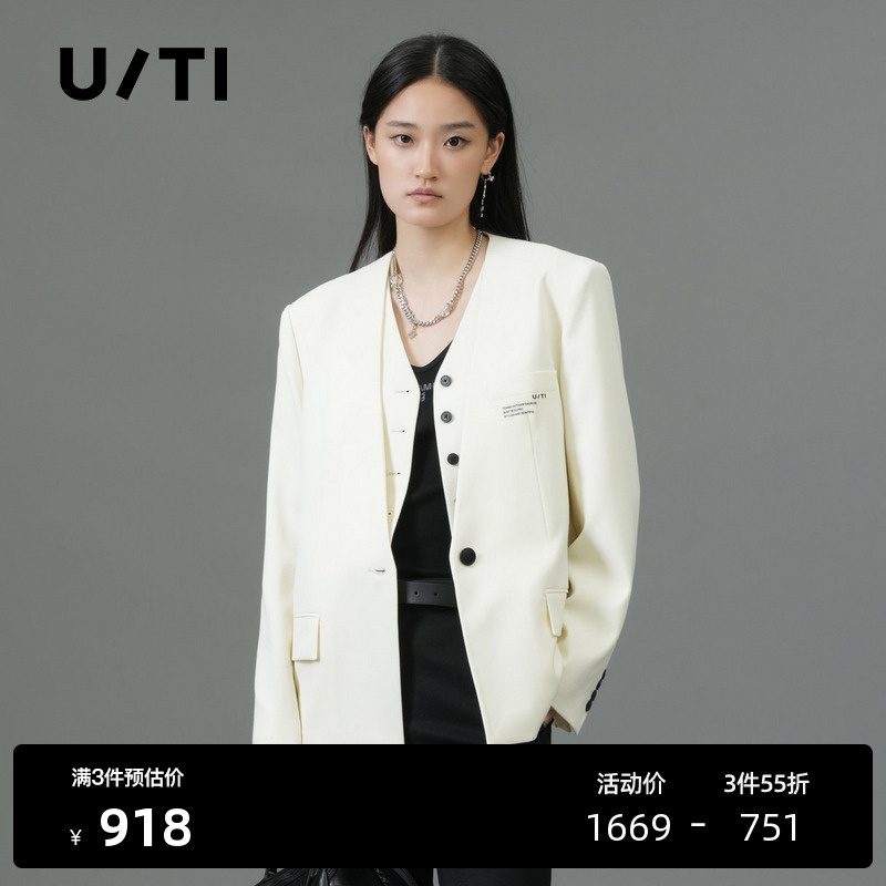 U/TI白色假两件绵羊毛西装女通勤风垫肩廓形外套尤缇2025春季新款