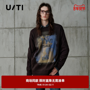 专柜新款U/TI尤缇2025冬季艺术感晕染印花棉质卫衣圆领休闲上衣女