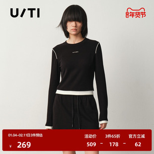 U/TI黑白撞色拼接T恤女装 简约修身短款长袖上衣尤缇2025冬季新款