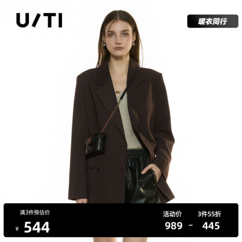 U/TI翻领咖色双排扣西装外套女简约通勤休闲上衣尤缇2025秋季新款