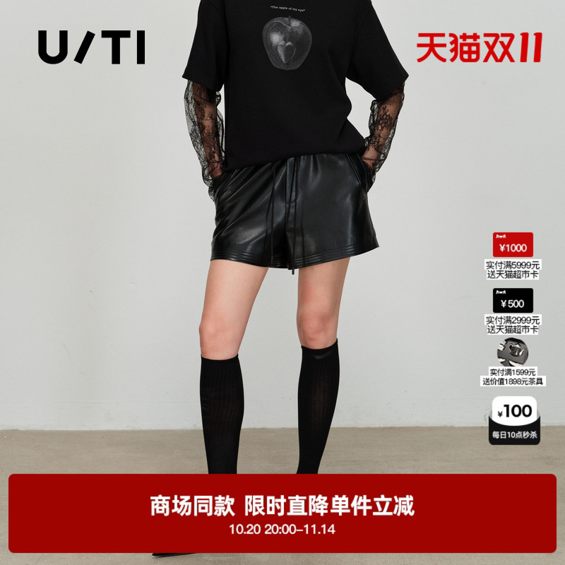 专柜新款U/TI尤缇2025春季黑色休闲裤百搭简约潮酷松紧腰皮短裤女