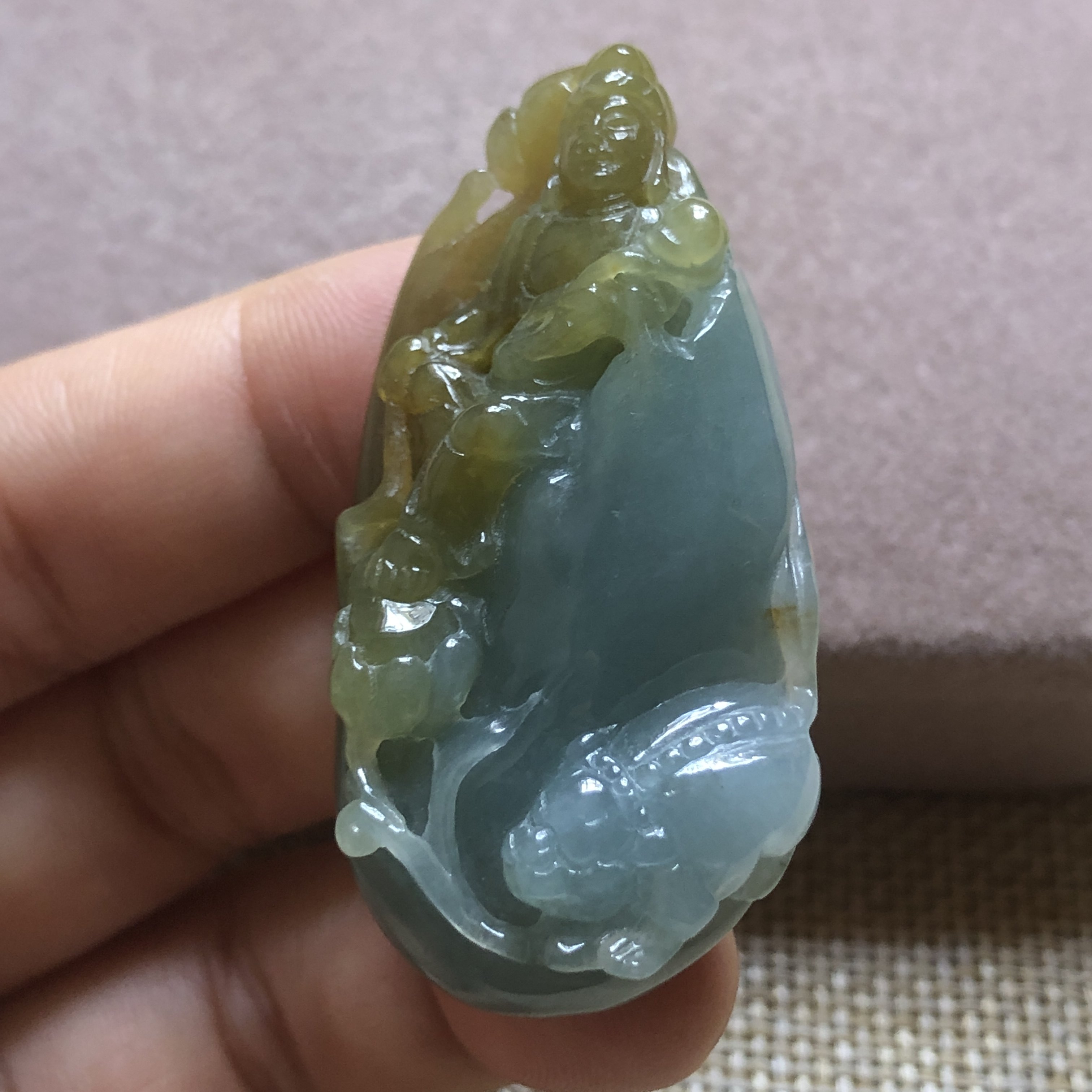 缅甸玉石A货翡翠玉雕玉器文玩老坑黄翡巧雕莲花观音厚装挂件吊坠