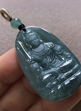 危地马拉玉石A货翡翠玉雕玉器文玩危料冰蓝水磨砂不动明王小玉牌