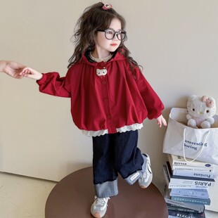 女童春装外套2026新款超好看韩系儿童风衣女宝宝春秋洋气红色上衣