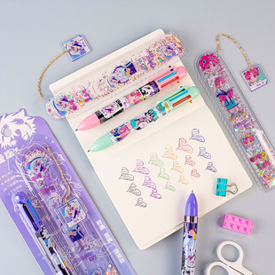 一木林6色圆珠笔按动式手账笔小学生文具笔亮片流沙入油尺套装