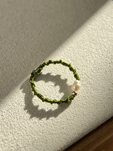 VerGem原创手工编织复古绿绳戒指 极细天然淡水珍珠指环 闺蜜戒指