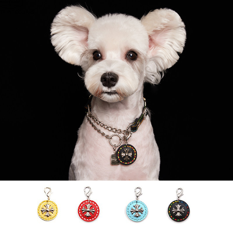 宠物铭牌名字挂牌项圈牛皮克罗心金属铆钉真皮中型小型狗猫咪饰品