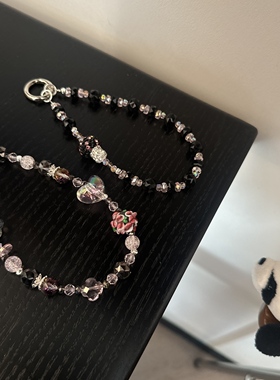 黑粉蘑菇~复古串珠水晶手机链女小众设计个性时尚手腕挂件朋克风