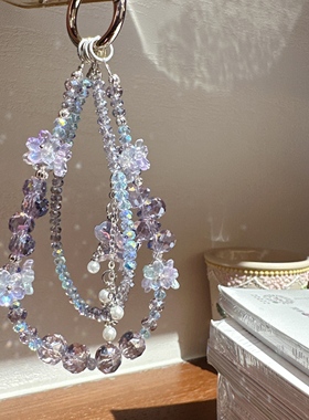 紫色小狗~高级感水晶花朵手机挂件重工百搭挂链女款手机链原创