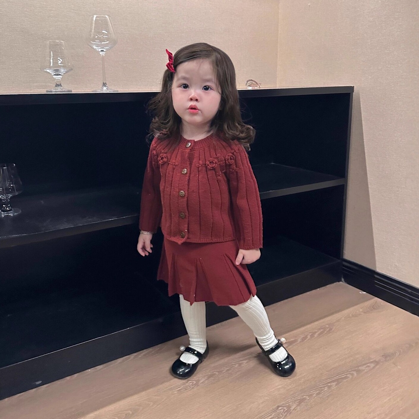 小洛特80-120 秋冬红色系套装手钩花复古毛衣上衣＋百褶裙2件套装