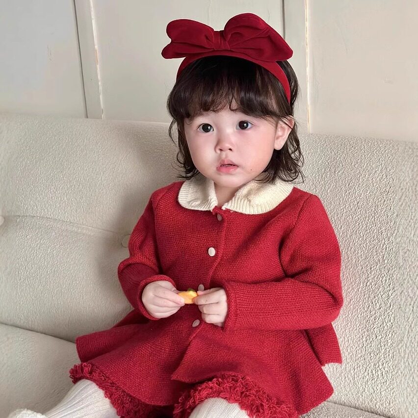 【小洛特】秋冬73-110 女婴童圣诞撞色翻领毛衣套装上衣+短裤两件