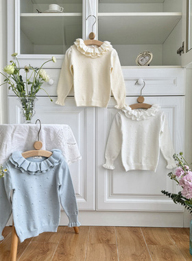 25春90-150女童双层荷叶领毛衣小童花边领毛衣女内搭毛衣