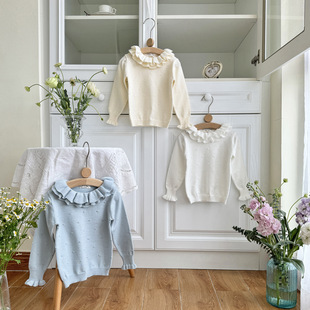 25春90 150女童双层荷叶领毛衣小童花边领毛衣女内搭毛衣