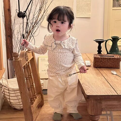 小洛特73-110 女婴A类童绣花翻领针织t恤撞色碎花方领打底长袖