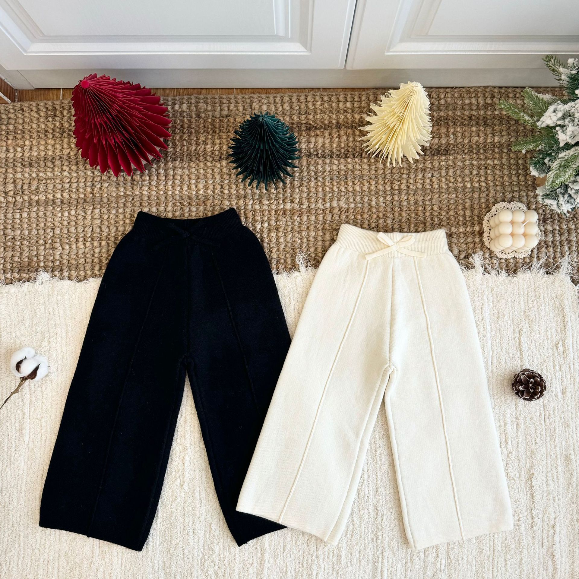 小洛特90-140冬季针织裤直筒裤女童加绒阔腿裤加厚一体绒毛线裤