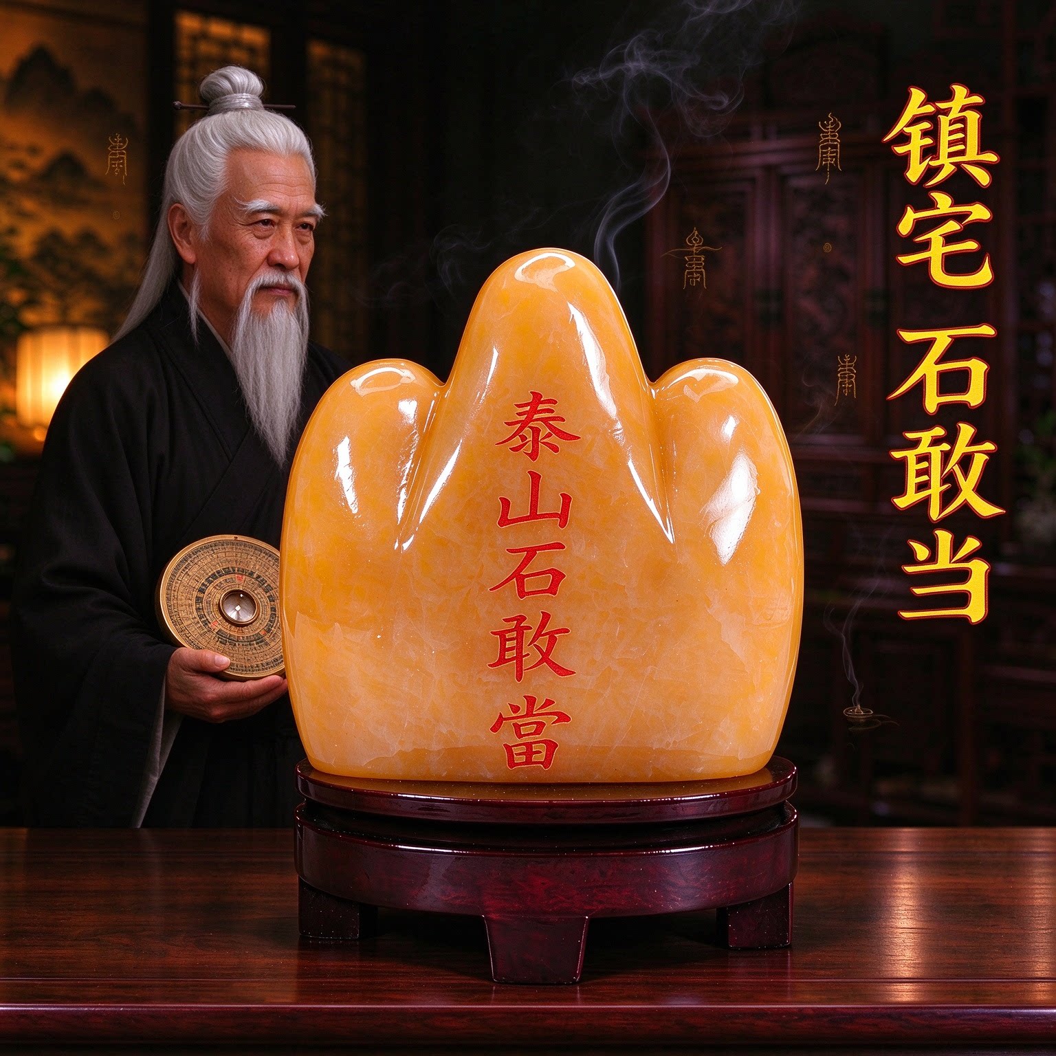 天然黄玉敢当泰山石镇宅摆件