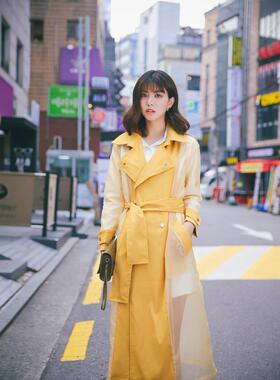 MAD正品  春秋长款风衣系带收腰 黄色透明欧根纱拼接风衣外套
