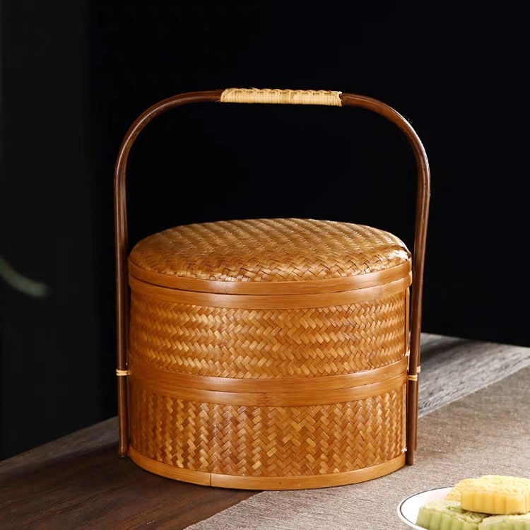 手工大漆竹编双层食盒多层手提中式茶具收纳点心提盒月饼礼盒便携