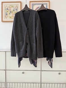 深圳南油复古腰果花丝巾拼接羊毛针织开衫女慵懒宽松廓形毛衣外套