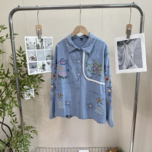 深圳南油早秋新款 轻盈百搭上衣 彩线花卉重工刺绣蕾丝花边衬衫