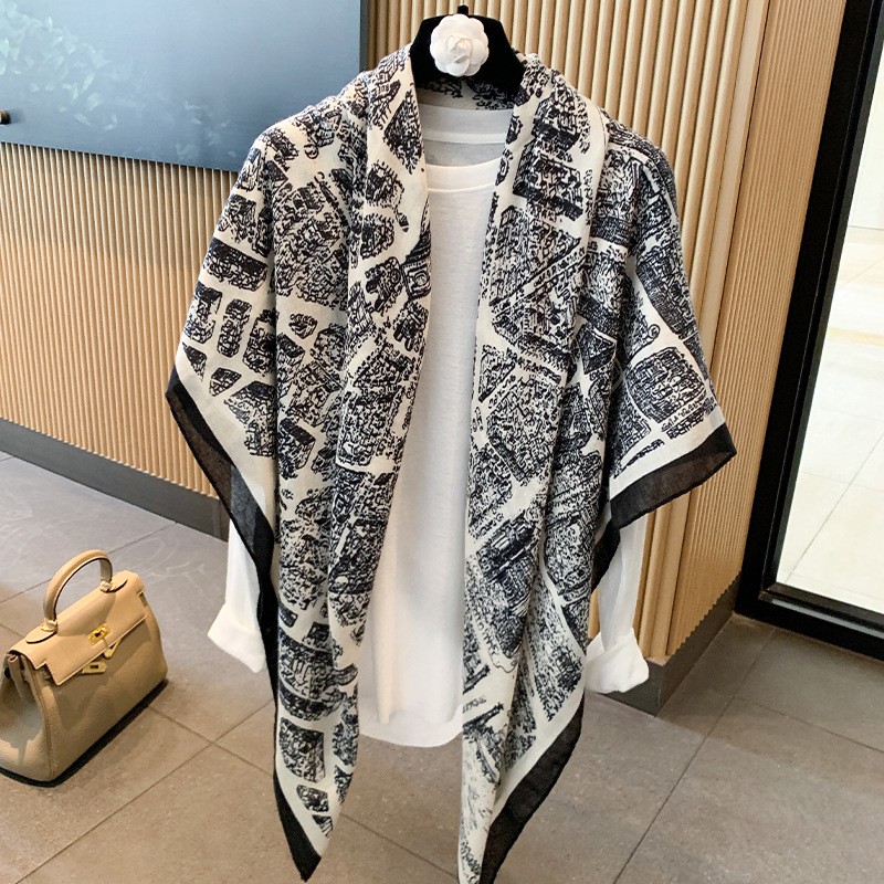 新款欧式印花披肩软糯印花围巾仿棉麻130大方巾几何链条通勤领巾