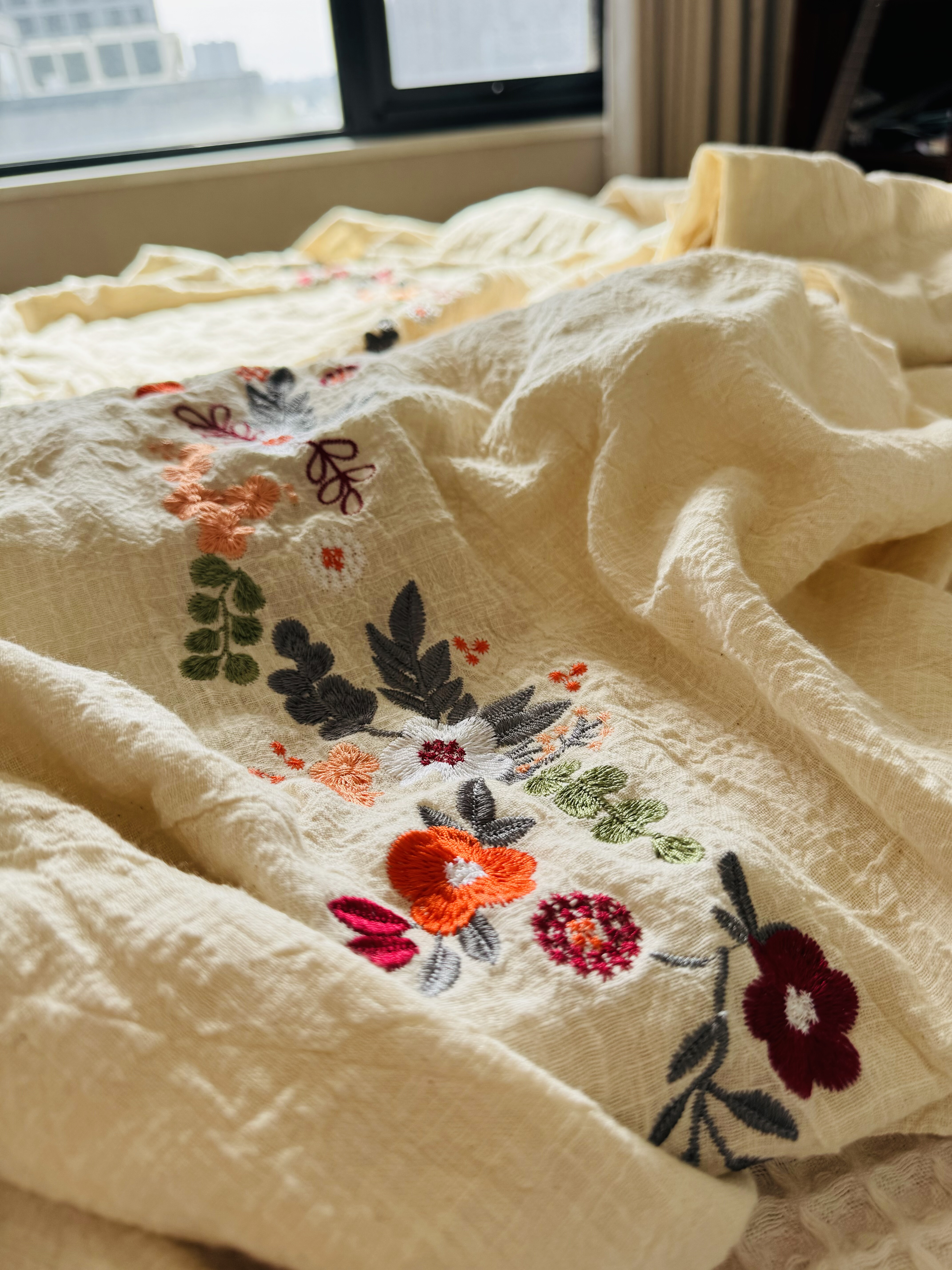 外贸出口肌理感亚麻加大双人被套刺绣四季床品吸汗透气汗麻被罩