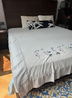 外贸出口加厚亚麻双人床单刺绣四季床品防滑吸汗透气汗麻包边毯子